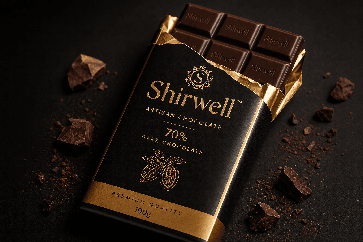 Shirwell dark chocolate bar in gold wrapper